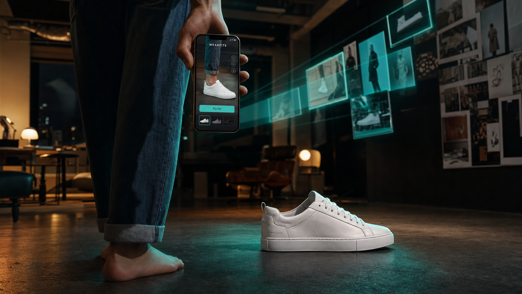 Customer using WEARFITS virtual try-on for shoes on a Shopify product page — AR sneaker preview on smartphone